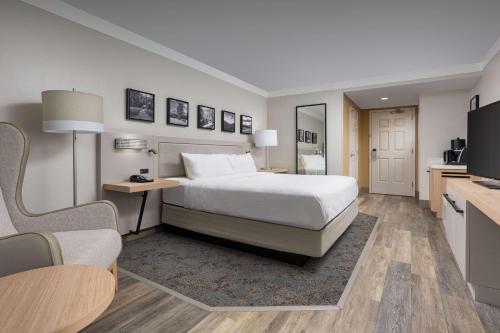 查塔努加查塔努加市中心希尔顿花园酒店的一间卧室配有一张床、一张书桌和一台电视。