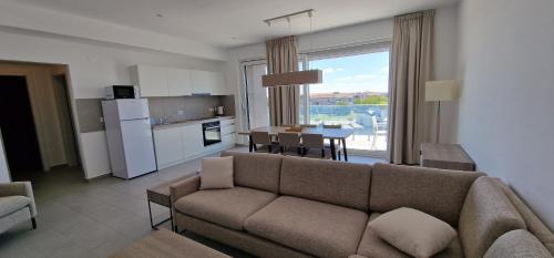 蒂米什瓦拉iComfort Aparthotel的带沙发的客厅和带桌子的厨房