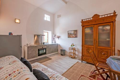 TornacMazet Tornac的客厅设有木柜和壁炉