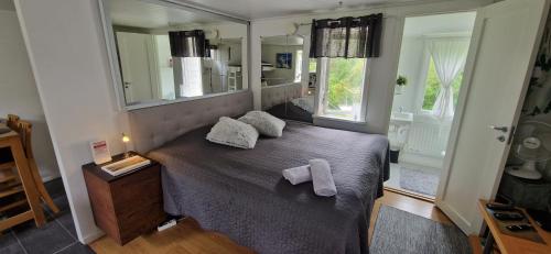 ÅsaHumlebo的一间卧室配有一张带大镜子的床