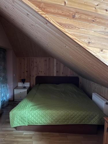 纳尔瓦约埃苏Vabaduse Guesthouse的阁楼上一间卧室配有绿色的床
