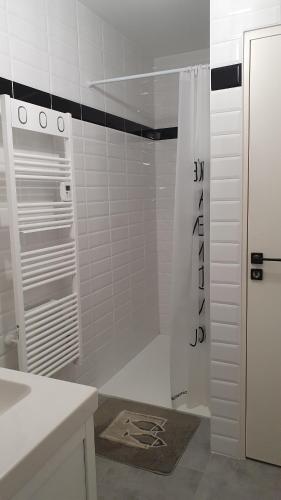 QuintinL'Embellie的带淋浴和盥洗盆的白色浴室