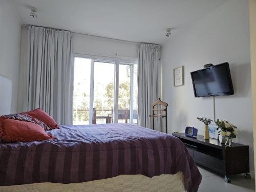 埃斯特角城Green Park penthouse 2 dormitorios的一间卧室设有一张床、一台电视和一个窗口。