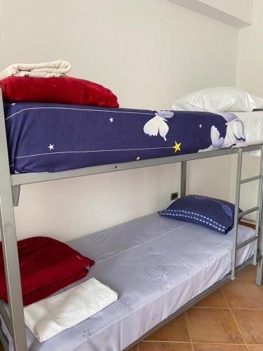 萨兰达Hostel HI Saranda的一间卧室配有两张双层床,铺有蓝色床单。