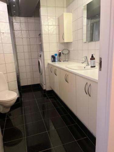 海宁Skøn centralt beliggende lejlighed m.tagterrasse的一间带水槽和卫生间的浴室