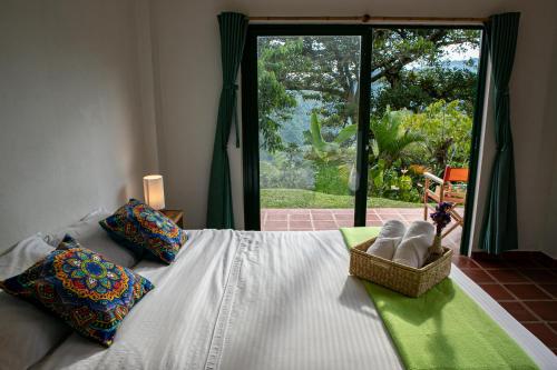 拉维加Ecohotel Monteverde的一间卧室设有一张床和一个大窗户