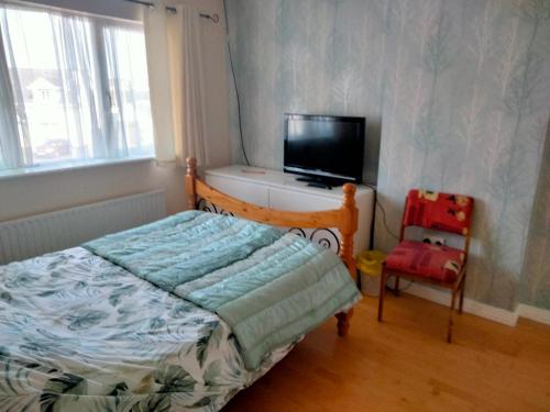 多尼戈尔19 Doran Close的一间卧室配有一张床、一台电视和一把椅子