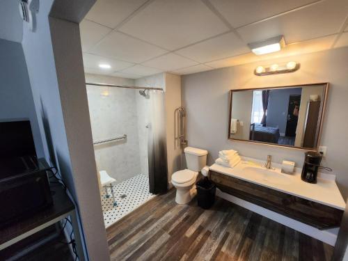 IukaHeritage Place Hotel的一间带水槽、卫生间和镜子的浴室