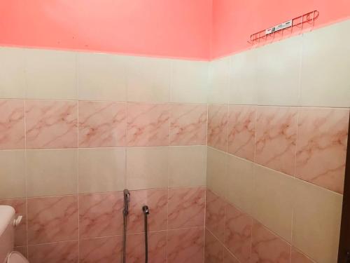 Kampong Balai MarasChalet Sri Bayu的配有粉红色大理石墙壁和淋浴的浴室