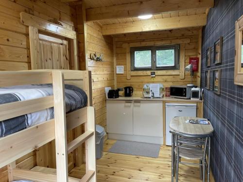 因弗内斯Immaculate cabin 5 mins to Inverness dogs welcome的小木屋内设有一间带双层床的卧室和厨房