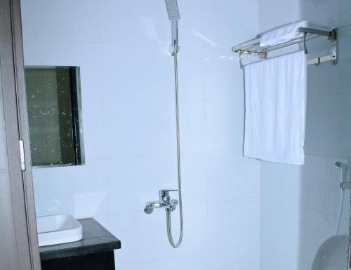 荣市Vinh Airport Hotel的带淋浴、卫生间和盥洗盆的浴室