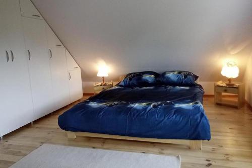 NarewkaDomek w Narewce的一间卧室配有一张带两盏灯的大蓝色床。