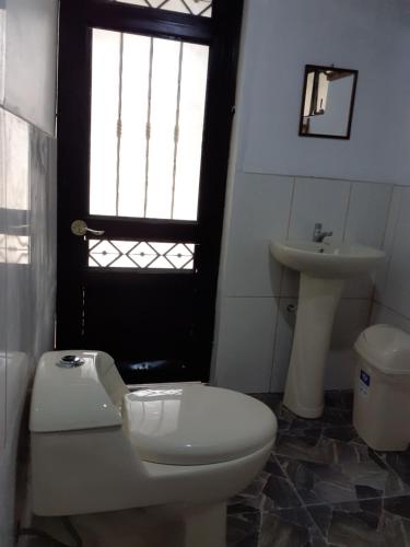 瓦拉斯casa montañista lodge & camping的一间带卫生间、水槽和窗户的浴室