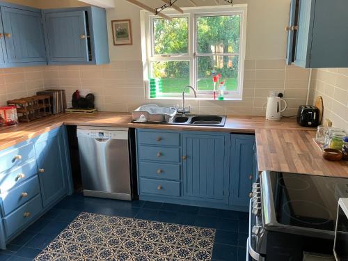 伍德布里奇Snipe Vineyard Cottage的厨房配有蓝色橱柜和水槽