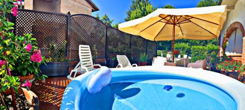 蒙蒂恰诺吉廖拉之家度假屋的在带遮阳伞的游泳池游泳的蓝色海豚