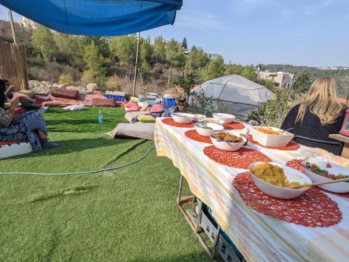 Dāliyat el Karmilאשראם בכרמל - אכסניה的坐在草地上的餐桌,放着一碗食物