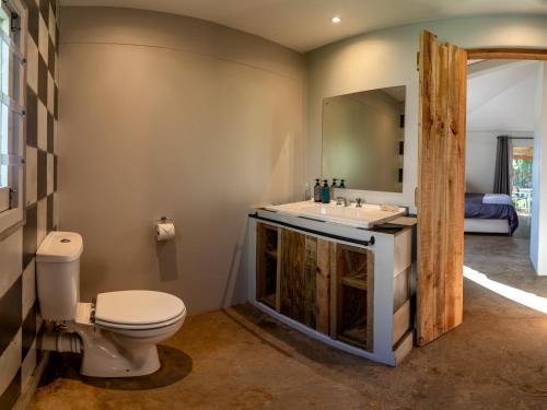 普利登堡湾Treebia Self-catering - Loadshedding Free的一间带卫生间、水槽和镜子的浴室
