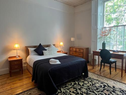 都柏林Pepper Canister Townhouse的一间卧室配有一张床、一张书桌和一个窗户。