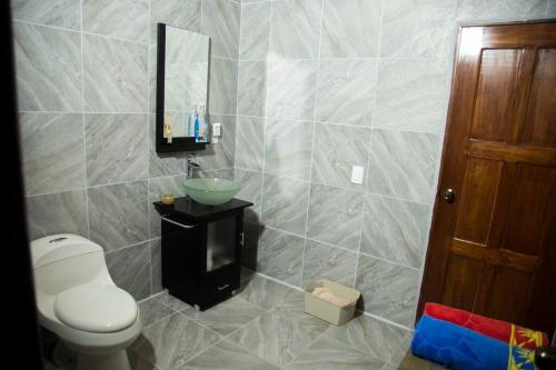 La GuayraPuntita Manzanillo, fantastic sea and jungle retreat的一间带卫生间、水槽和镜子的浴室