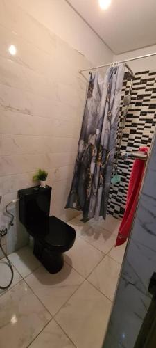 Derouaplanets house的浴室设有黑色的卫生间和衣架。