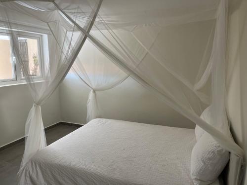 威廉斯塔德Cubana Resort Appartement loopafstand Mambo beach的卧室配有白色天蓬床和窗户