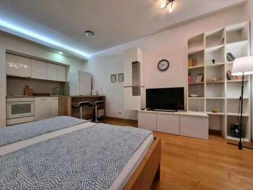BežanijaUrban studio的一间设有床铺和厨房的大卧室