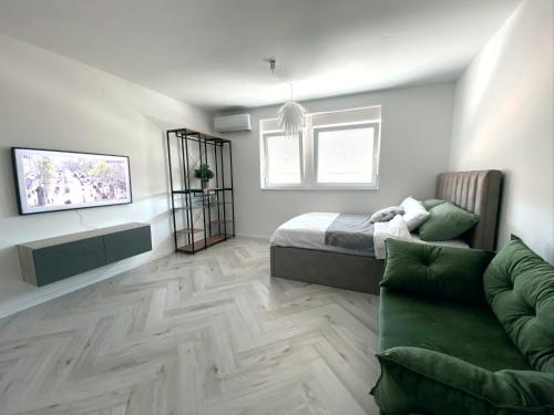 科普里夫尼察Domek的一间卧室配有一张床和一张沙发