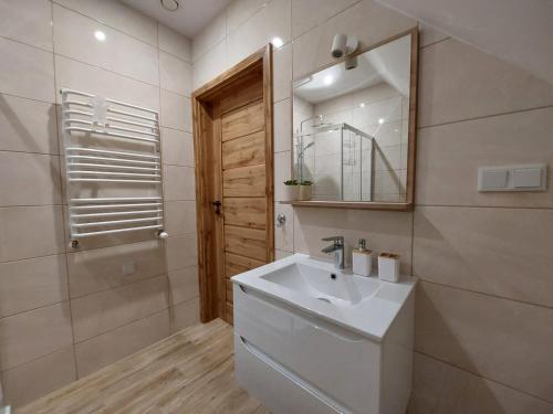 赖曼瑙-兹德鲁伊Agroturystyka Bliżej Natury的浴室设有白色水槽和镜子