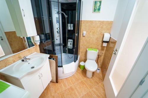 代尔尼采Wind & Water的带淋浴、盥洗盆和卫生间的浴室