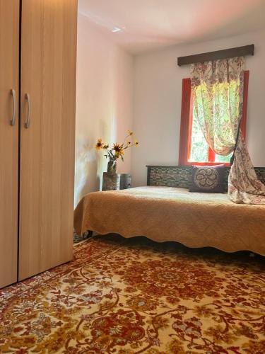 布泽乌Căsuța Dede的一间卧室设有一张床和一个窗口