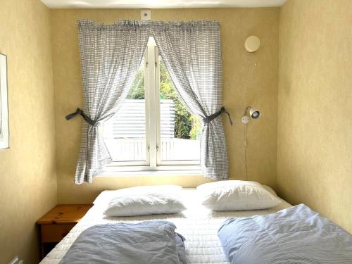 Ljunghusen Guesthouse的卧室配有一张带两个枕头的床和窗户