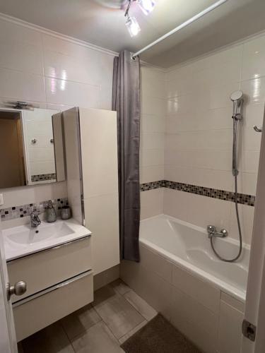 戛纳Les Arènes - Cannes centre, Charmant 2 pièces récemment rénové de 45 m2 avec sa terrasse de 10 m2的带浴缸、水槽和淋浴的浴室