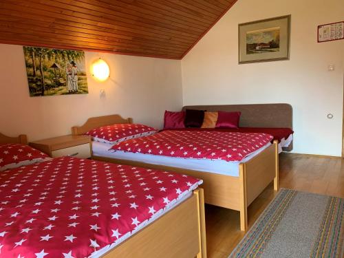 AdlešičiTURIZEM GRABRIJAN, Jasmina Grabrijan s.p.的配有红色和白色床单的客房内的两张床