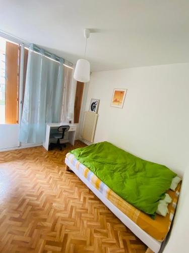 里摩日Appartement T4 Madoumier的一间卧室配有一张带绿色床单的床,铺有木地板