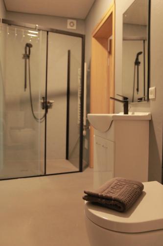 布莱堡卡尔度假屋的带淋浴、卫生间和盥洗盆的浴室