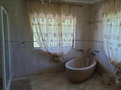 MtubatubaThe Sanctuary - Self Catering Accommodation的浴室配有浴缸、带窗帘的淋浴