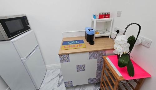 特威克纳姆Lime Tree Garden的小型厨房配有小书桌和冰箱