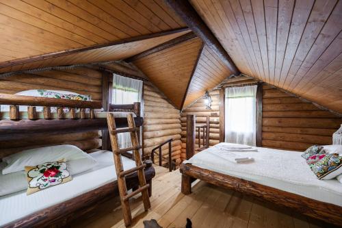 下维谢乌乡Cabana din Revier的小木屋内一间卧室配有两张双层床