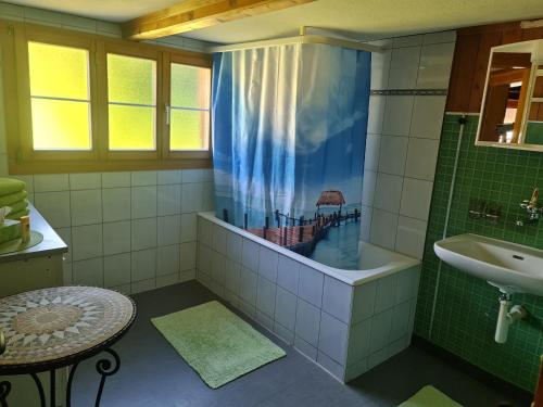 Guttannen古坦能伯尔尼高地公寓的一间带水槽和浴缸的浴室,并设有一个窗口