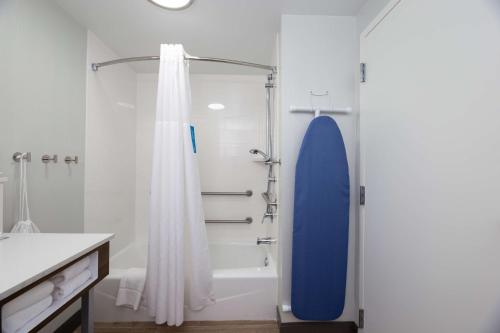 克里斯琴斯堡克里斯琴斯堡/黑堡汉普顿旅馆的带淋浴和蓝色冲浪板的浴室