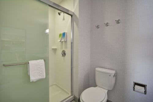 布鲁艾施Home2 Suites By Hilton Blue Ash Cincinnati的一间带卫生间和玻璃淋浴间的浴室