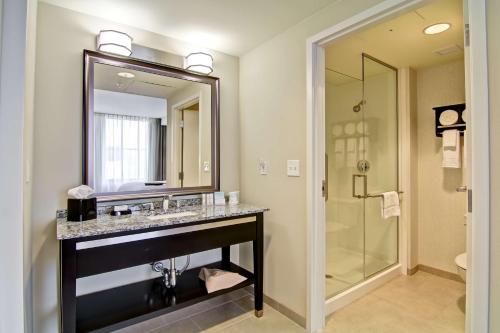 辛辛那提辛辛那提市中心汉普顿套房酒店的一间带水槽、镜子和淋浴的浴室