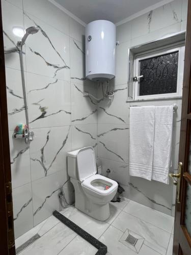 地拉那Guest house tirana的白色的浴室设有卫生间和淋浴。