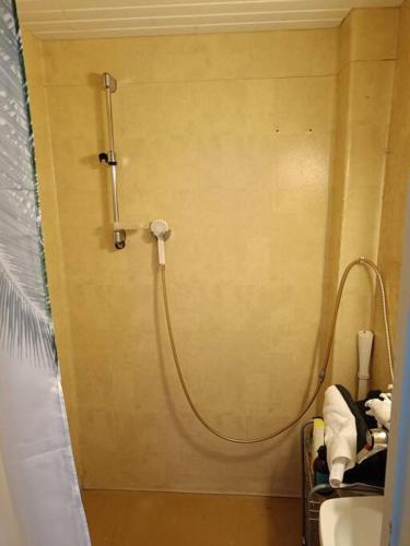瓦尔考斯Rauhallinen kaksio, puusauna käytettävissä的浴室设有淋浴,墙上装有水管