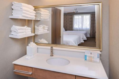 丹佛丹佛施佩尔大道汉普顿套房酒店的一间带水槽和镜子的浴室