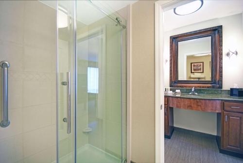 奥罗拉丹佛国际机场希尔顿酒店的一间带玻璃淋浴和水槽的浴室
