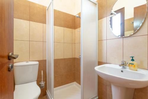 帕福斯Villa Rallo的一间带卫生间、水槽和镜子的浴室