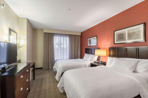 伊丽莎白Embassy Suites by Hilton Newark Airport的酒店客房设有两张床和电视。