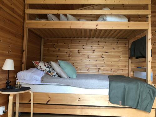 KopparbergStuga med sjöläge的木墙客房内的双层床