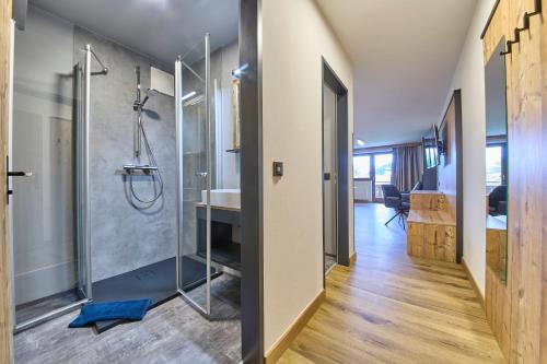 萨尔巴赫Eibinghof BED & BREAKFAST & SWIM的设有带步入式淋浴间和盥洗盆的浴室